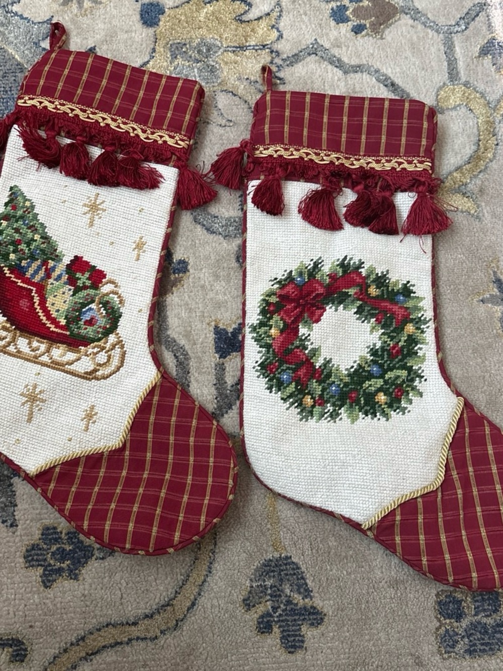 2- Vintage Needlepoint Santa Tree
Christmas Stocking Lined Red Gold Trim
Tassel